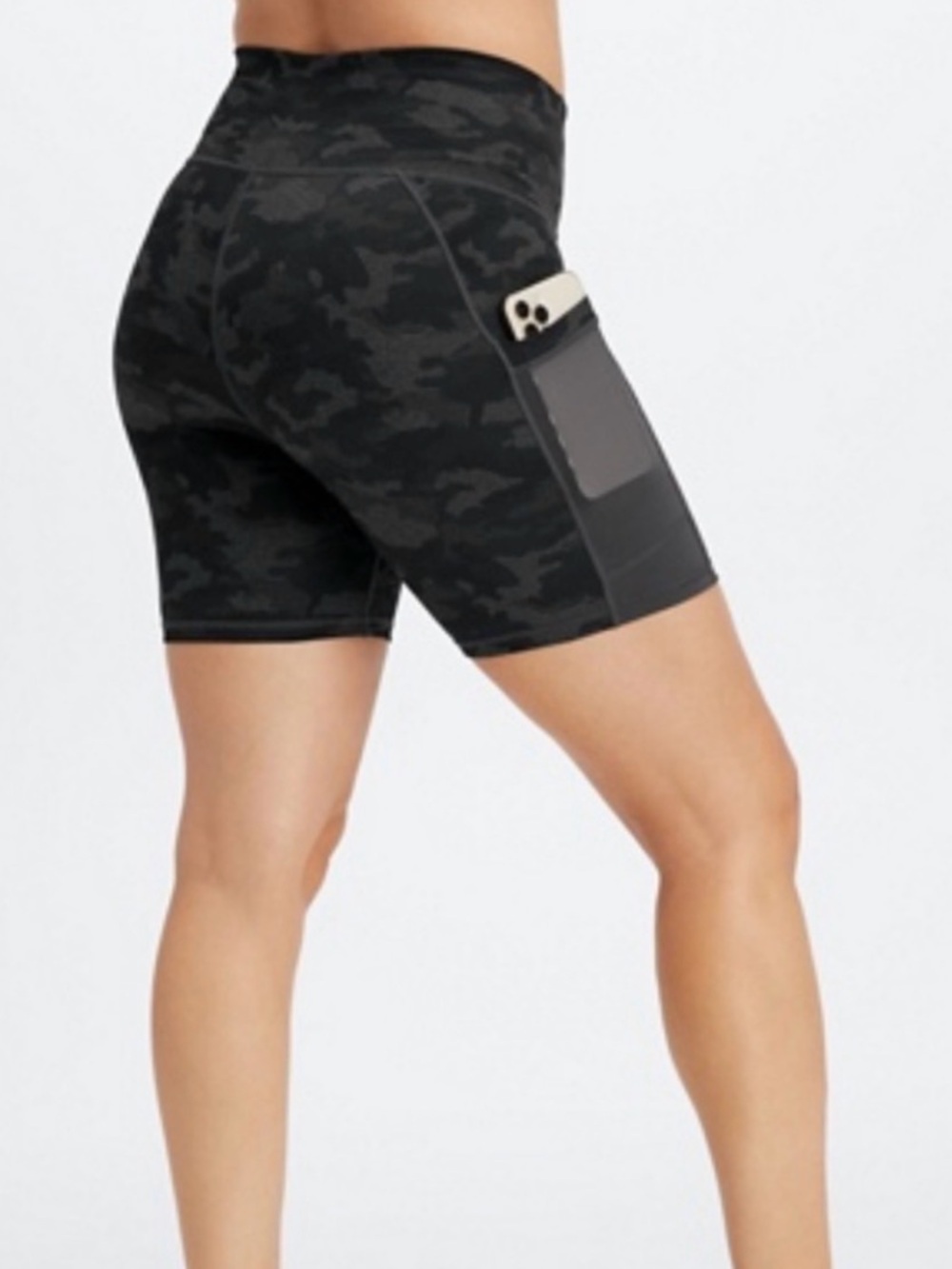 Fabletics Black Camo High-Waist Bike Shorts with Side Phone Pockets